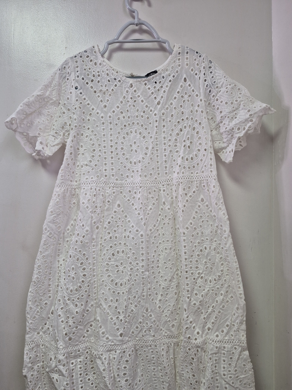 Cal Style Women's Cotton White Eyelet Tiered Lined Short Sleeve Cottagecore L